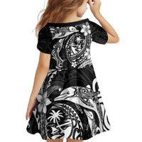Guam Dolphins Tribal Tattoo Family Matching Off Shoulder Maxi Dress and Hawaiian Shirt Polynesian Art and Tropical Flower Grayscale