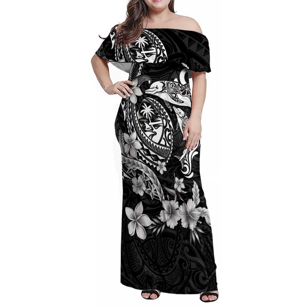 Guam Dolphins Tribal Tattoo Family Matching Off Shoulder Maxi Dress and Hawaiian Shirt Polynesian Art and Tropical Flower Grayscale
