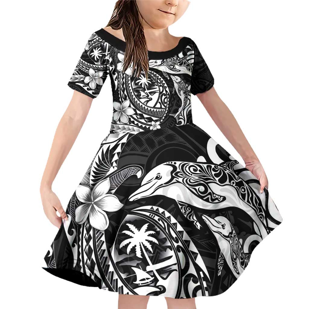 Guam Dolphins Tribal Tattoo Family Matching Off Shoulder Short Dress and Hawaiian Shirt Polynesian Art and Tropical Flower Grayscale