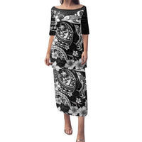 Guam Dolphins Tribal Tattoo Family Matching Puletasi and Hawaiian Shirt Polynesian Art and Tropical Flower Grayscale