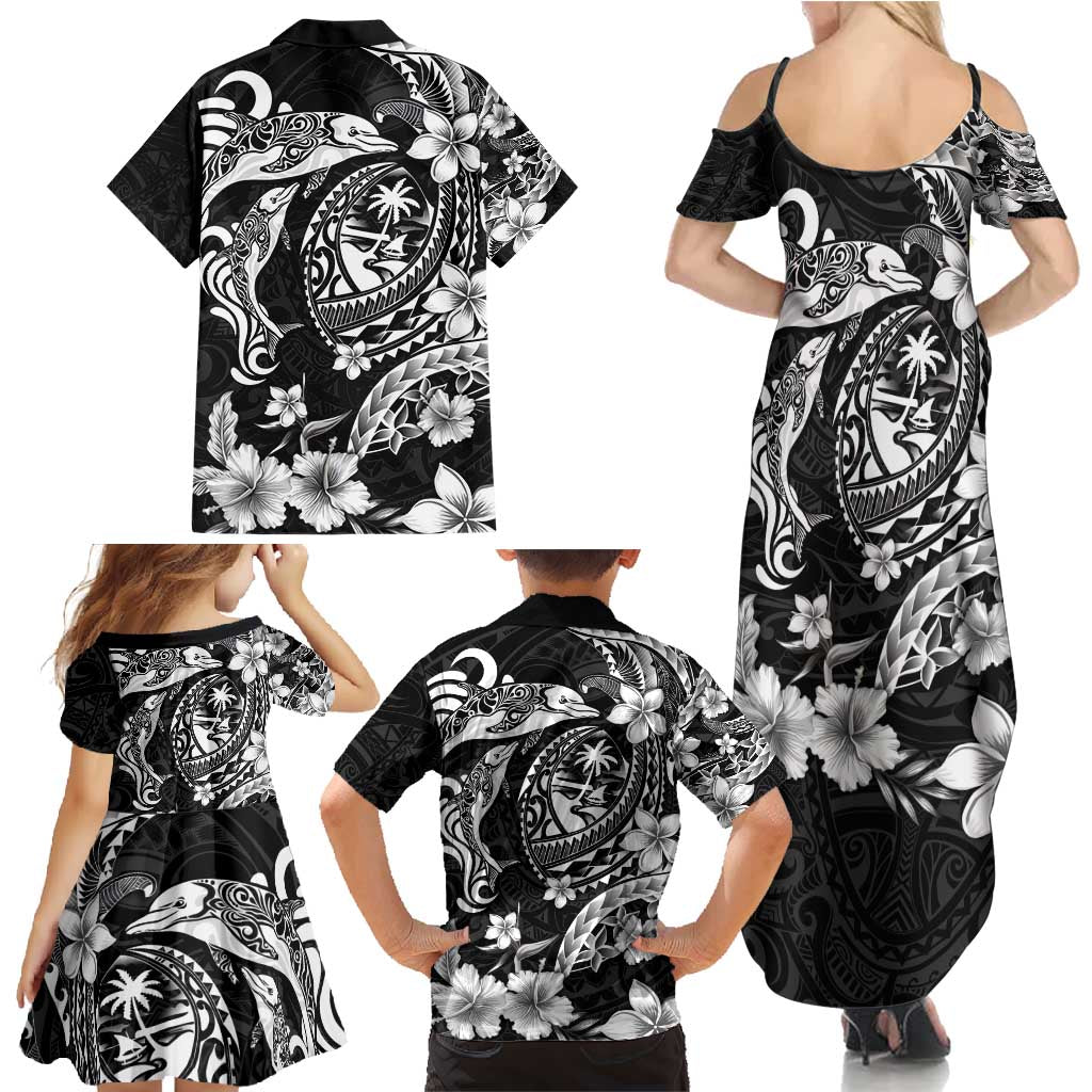Guam Dolphins Tribal Tattoo Family Matching Summer Maxi Dress and Hawaiian Shirt Polynesian Art and Tropical Flower Grayscale
