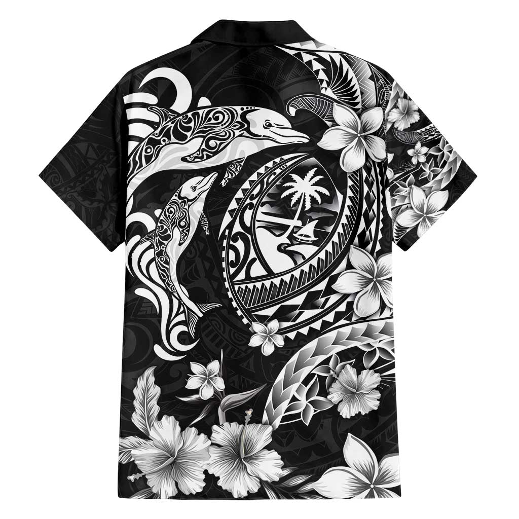 Guam Dolphins Tribal Tattoo Family Matching Summer Maxi Dress and Hawaiian Shirt Polynesian Art and Tropical Flower Grayscale