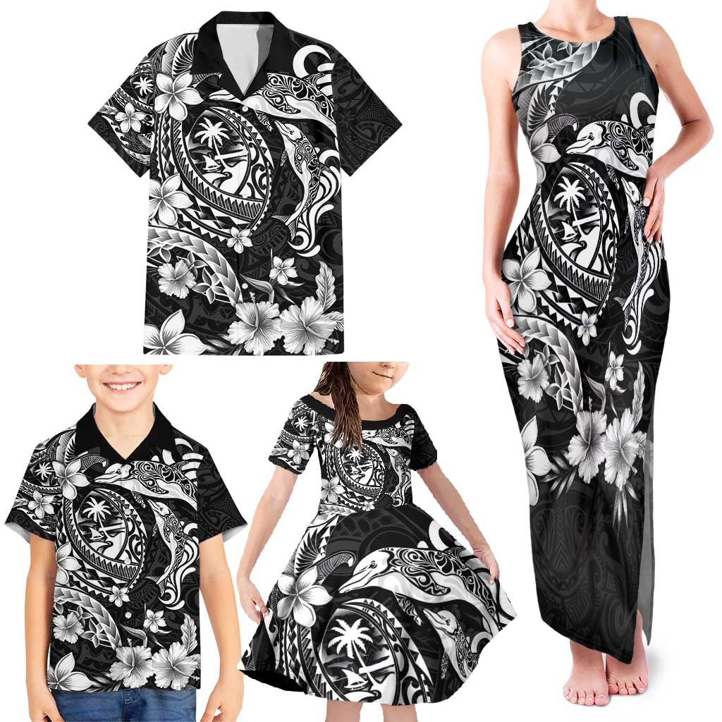 Guam Dolphins Tribal Tattoo Family Matching Tank Maxi Dress and Hawaiian Shirt Polynesian Art and Tropical Flower Grayscale