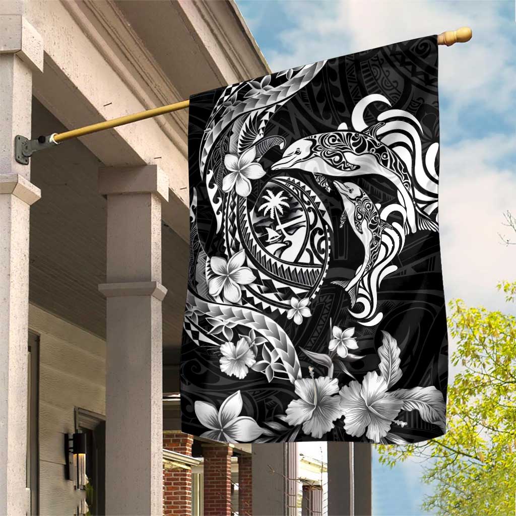 Guam Dolphins Tribal Tattoo Garden Flag Polynesian Art and Tropical Flower Grayscale