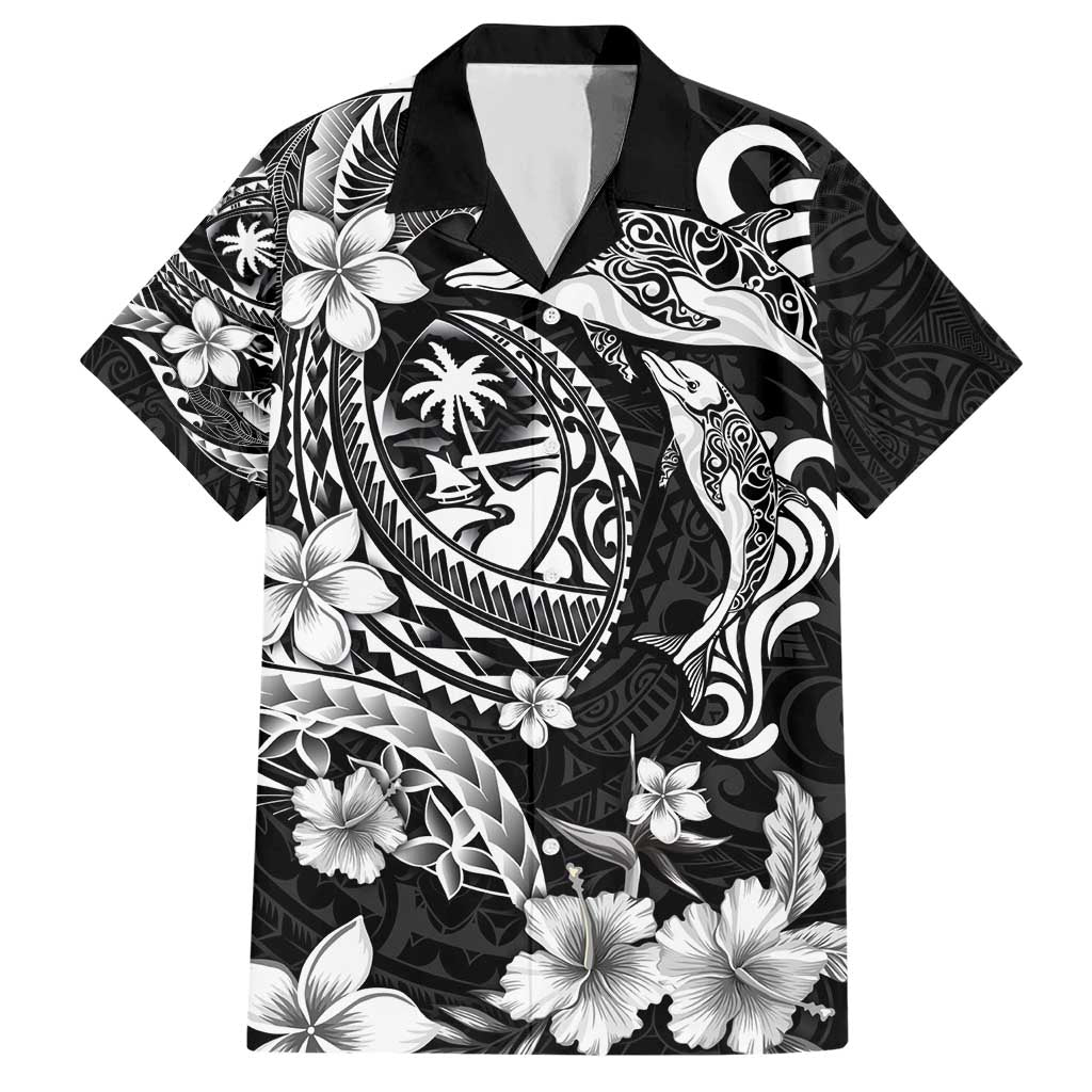 Guam Dolphins Tribal Tattoo Hawaiian Shirt Polynesian Art and Tropical Flower Grayscale