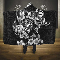 Guam Dolphins Tribal Tattoo Hooded Blanket Polynesian Art and Tropical Flower Grayscale