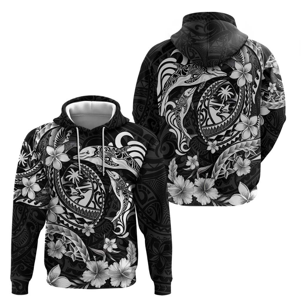 Guam Dolphins Tribal Tattoo Hoodie Polynesian Art and Tropical Flower Grayscale
