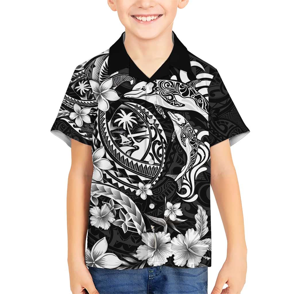 Guam Dolphins Tribal Tattoo Kid Hawaiian Shirt Polynesian Art and Tropical Flower Grayscale