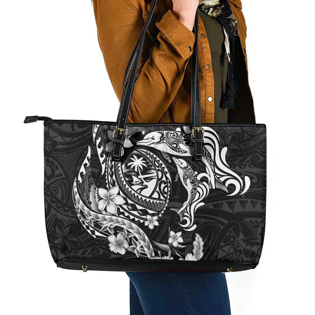 Guam Dolphins Tribal Tattoo Leather Tote Bag Polynesian Art and Tropical Flower Grayscale