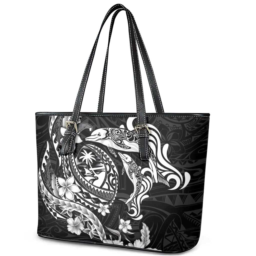 Guam Dolphins Tribal Tattoo Leather Tote Bag Polynesian Art and Tropical Flower Grayscale