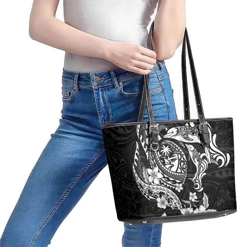 Guam Dolphins Tribal Tattoo Leather Tote Bag Polynesian Art and Tropical Flower Grayscale