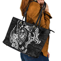 Guam Dolphins Tribal Tattoo Leather Tote Bag Polynesian Art and Tropical Flower Grayscale
