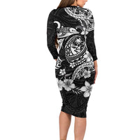 Guam Dolphins Tribal Tattoo Long Sleeve Bodycon Dress Polynesian Art and Tropical Flower Grayscale
