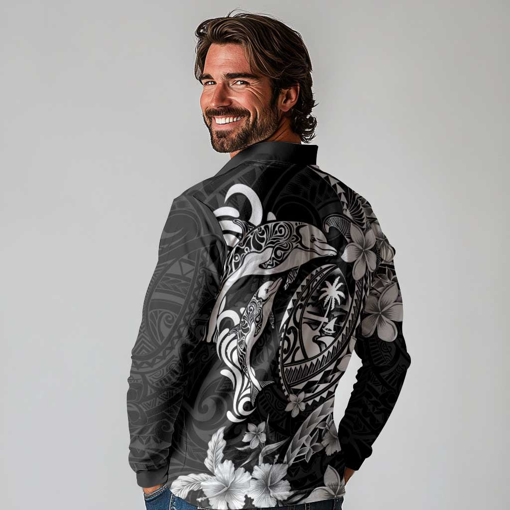 Guam Dolphins Tribal Tattoo Long Sleeve Polo Shirt Polynesian Art and Tropical Flower Grayscale