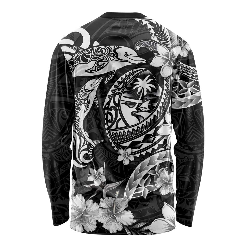 Guam Dolphins Tribal Tattoo Long Sleeve Shirt Polynesian Art and Tropical Flower Grayscale