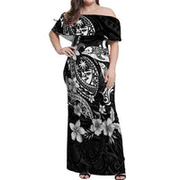 Guam Dolphins Tribal Tattoo Off Shoulder Maxi Dress Polynesian Art and Tropical Flower Grayscale