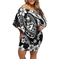 Guam Dolphins Tribal Tattoo Off Shoulder Short Dress Polynesian Art and Tropical Flower Grayscale