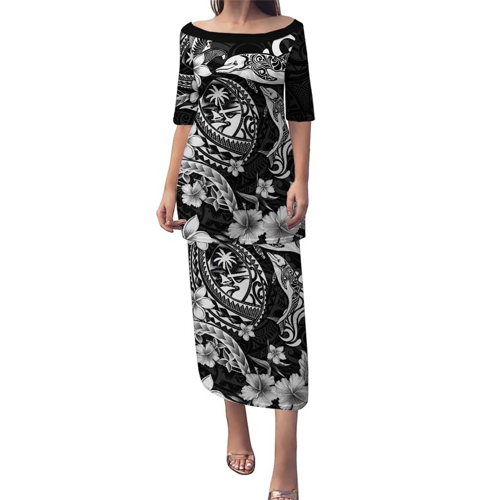 Guam Dolphins Tribal Tattoo Puletasi Polynesian Art and Tropical Flower Grayscale