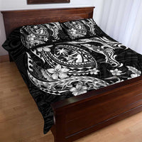 Guam Dolphins Tribal Tattoo Quilt Bed Set Polynesian Art and Tropical Flower Grayscale