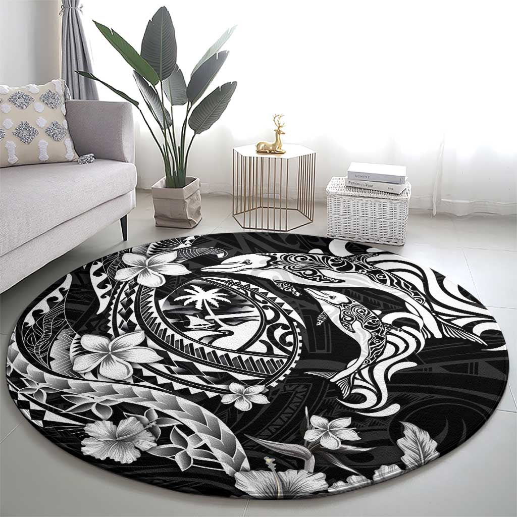 Guam Dolphins Tribal Tattoo Round Carpet Polynesian Art and Tropical Flower Grayscale