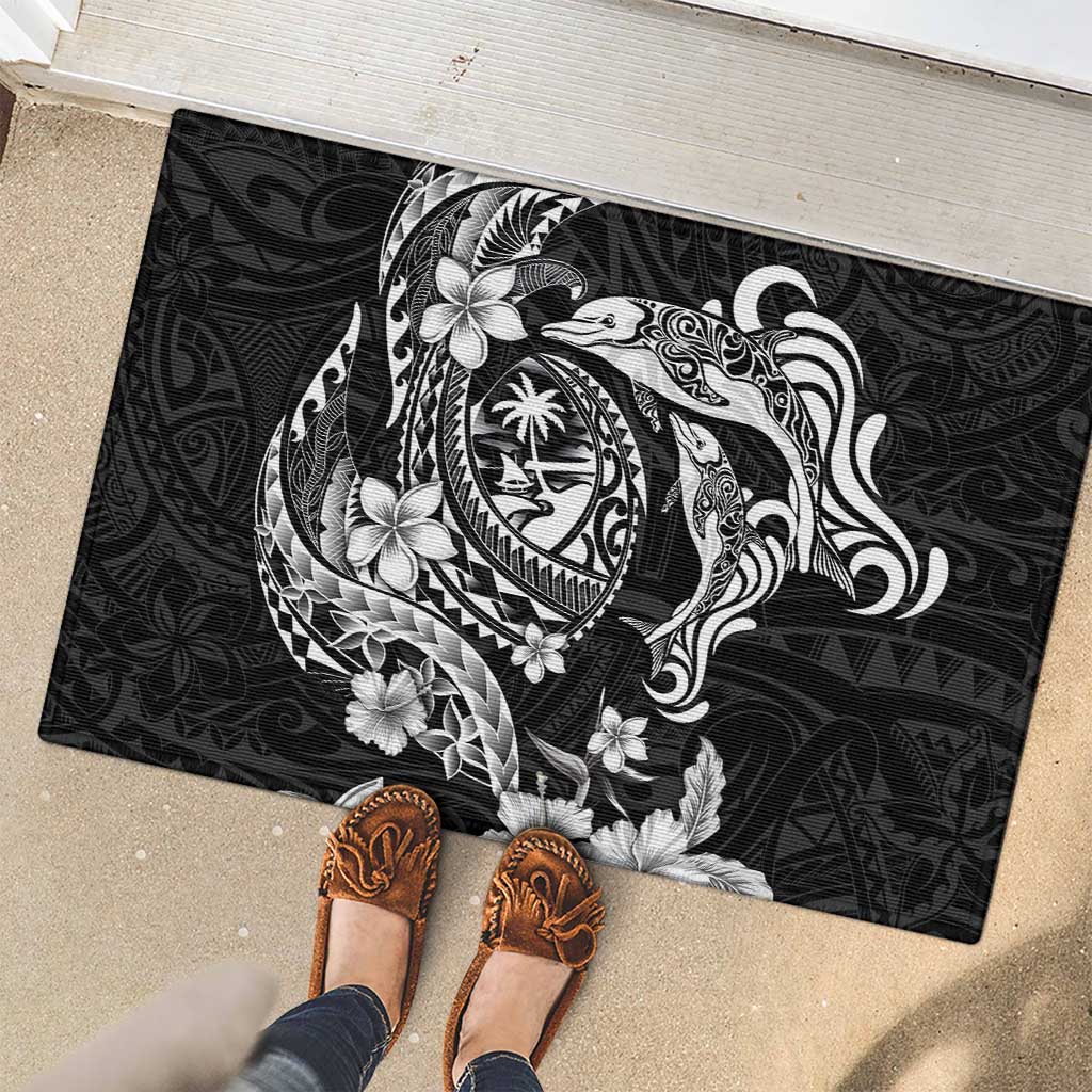 Guam Dolphins Tribal Tattoo Rubber Doormat Polynesian Art and Tropical Flower Grayscale