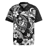 Guam Dolphins Tribal Tattoo Rugby Jersey Polynesian Art and Tropical Flower Grayscale