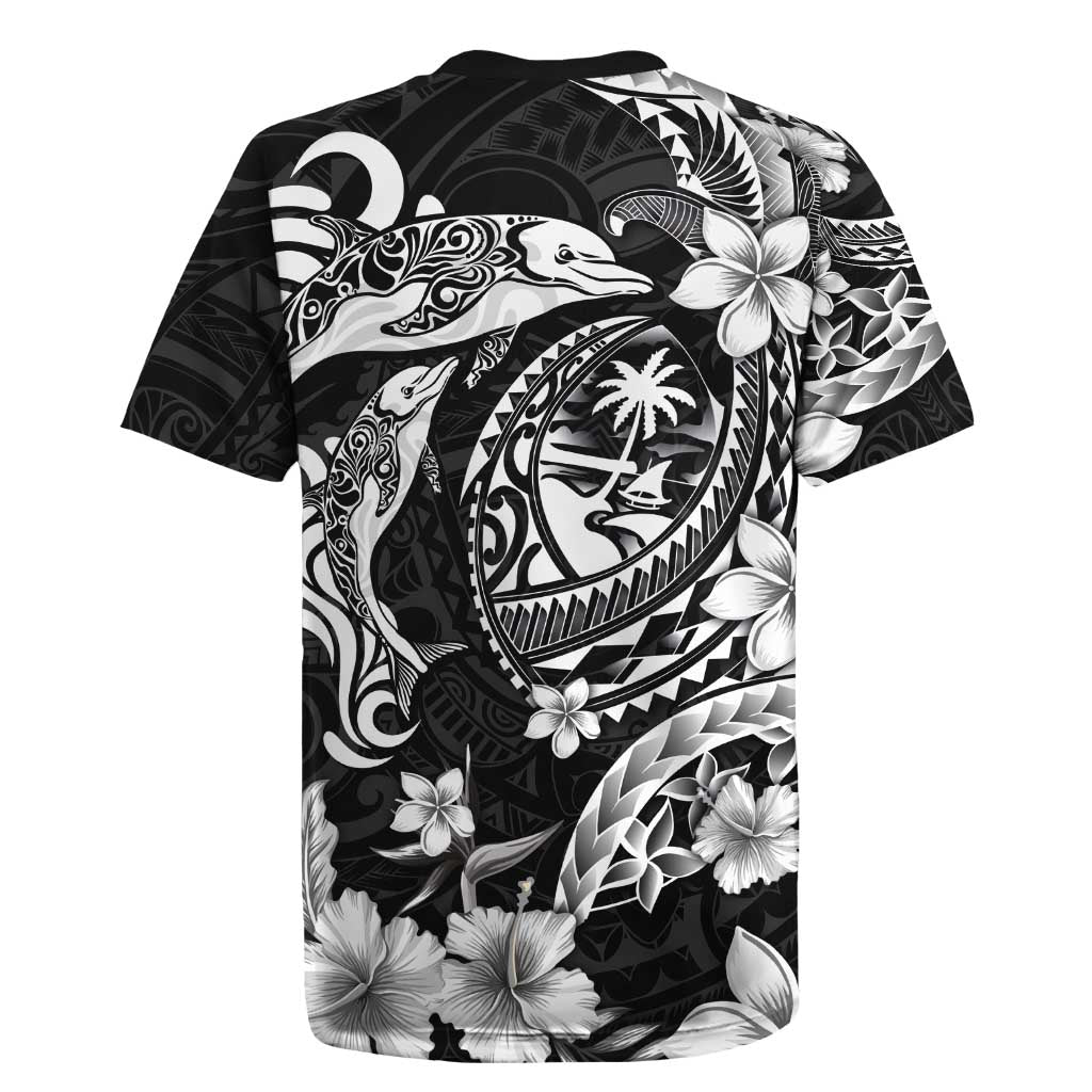 Guam Dolphins Tribal Tattoo Rugby Jersey Polynesian Art and Tropical Flower Grayscale