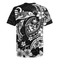 Guam Dolphins Tribal Tattoo Rugby Jersey Polynesian Art and Tropical Flower Grayscale