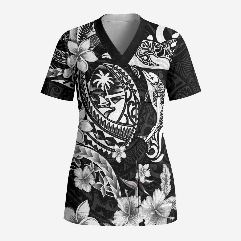 Guam Dolphins Tribal Tattoo Scrub Top Polynesian Art and Tropical Flower Grayscale - Polynesian Pride