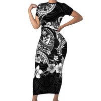 Guam Dolphins Tribal Tattoo Short Sleeve Bodycon Dress Polynesian Art and Tropical Flower Grayscale