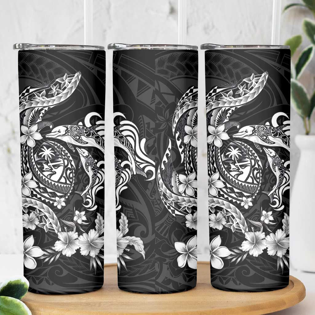 Guam Dolphins Tribal Tattoo Skinny Tumbler Polynesian Art and Tropical Flower Grayscale
