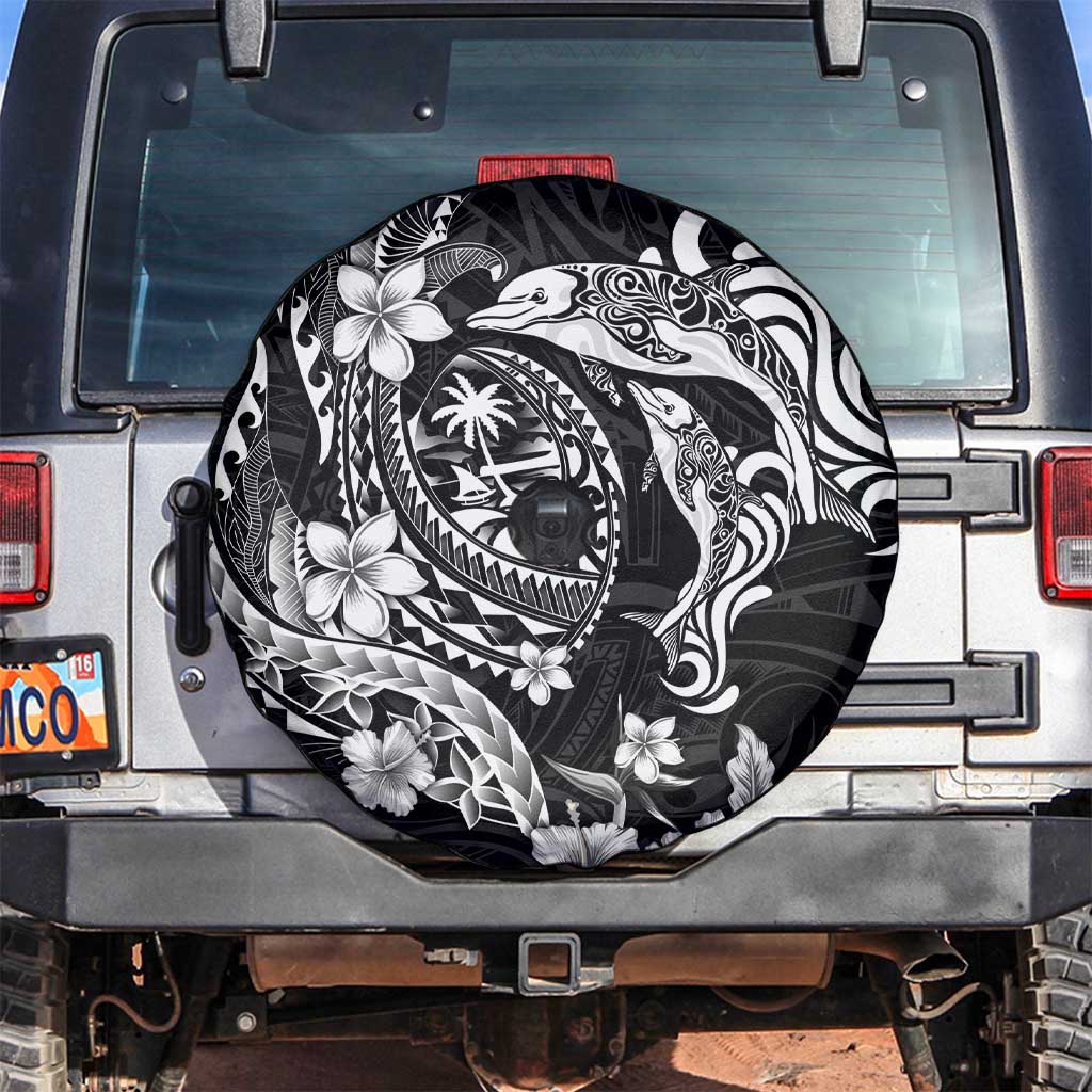 Guam Dolphins Tribal Tattoo Spare Tire Cover Polynesian Art and Tropical Flower Grayscale