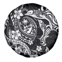 Guam Dolphins Tribal Tattoo Spare Tire Cover Polynesian Art and Tropical Flower Grayscale