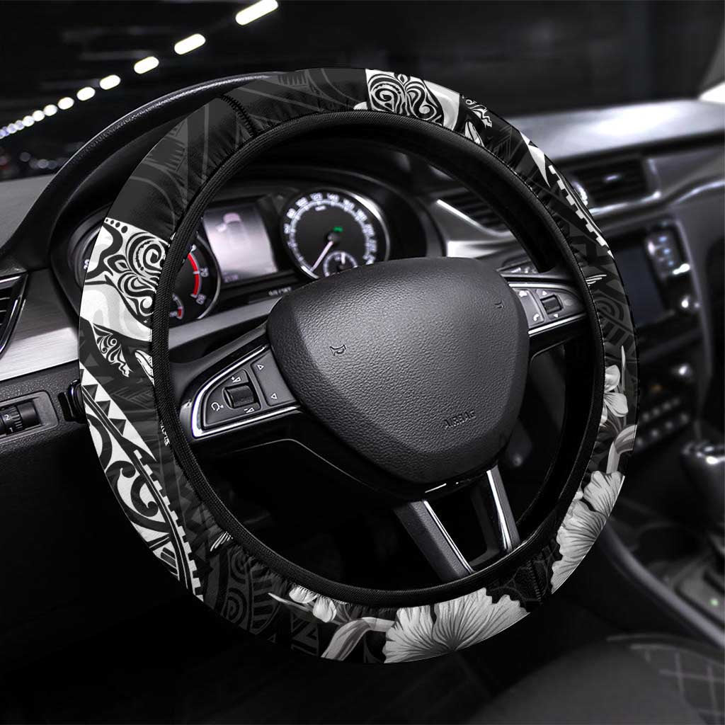 Guam Dolphins Tribal Tattoo Steering Wheel Cover Polynesian Art and Tropical Flower Grayscale