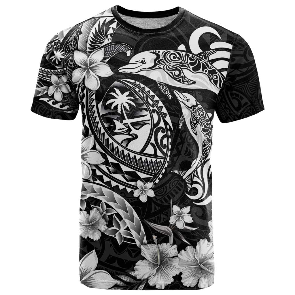 Guam Dolphins Tribal Tattoo T Shirt Polynesian Art and Tropical Flower Grayscale