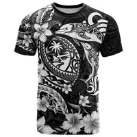 Guam Dolphins Tribal Tattoo T Shirt Polynesian Art and Tropical Flower Grayscale