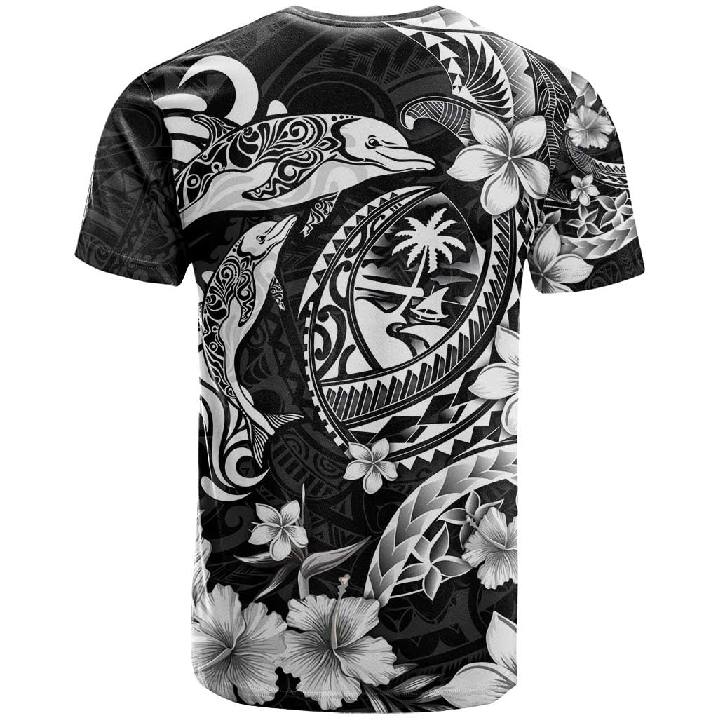 Guam Dolphins Tribal Tattoo T Shirt Polynesian Art and Tropical Flower Grayscale