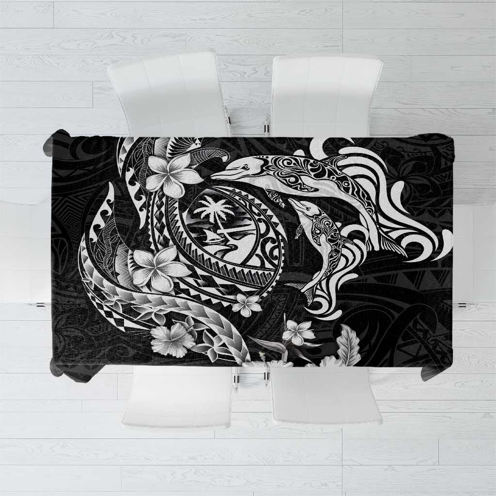 Guam Dolphins Tribal Tattoo Tablecloth Polynesian Art and Tropical Flower Grayscale