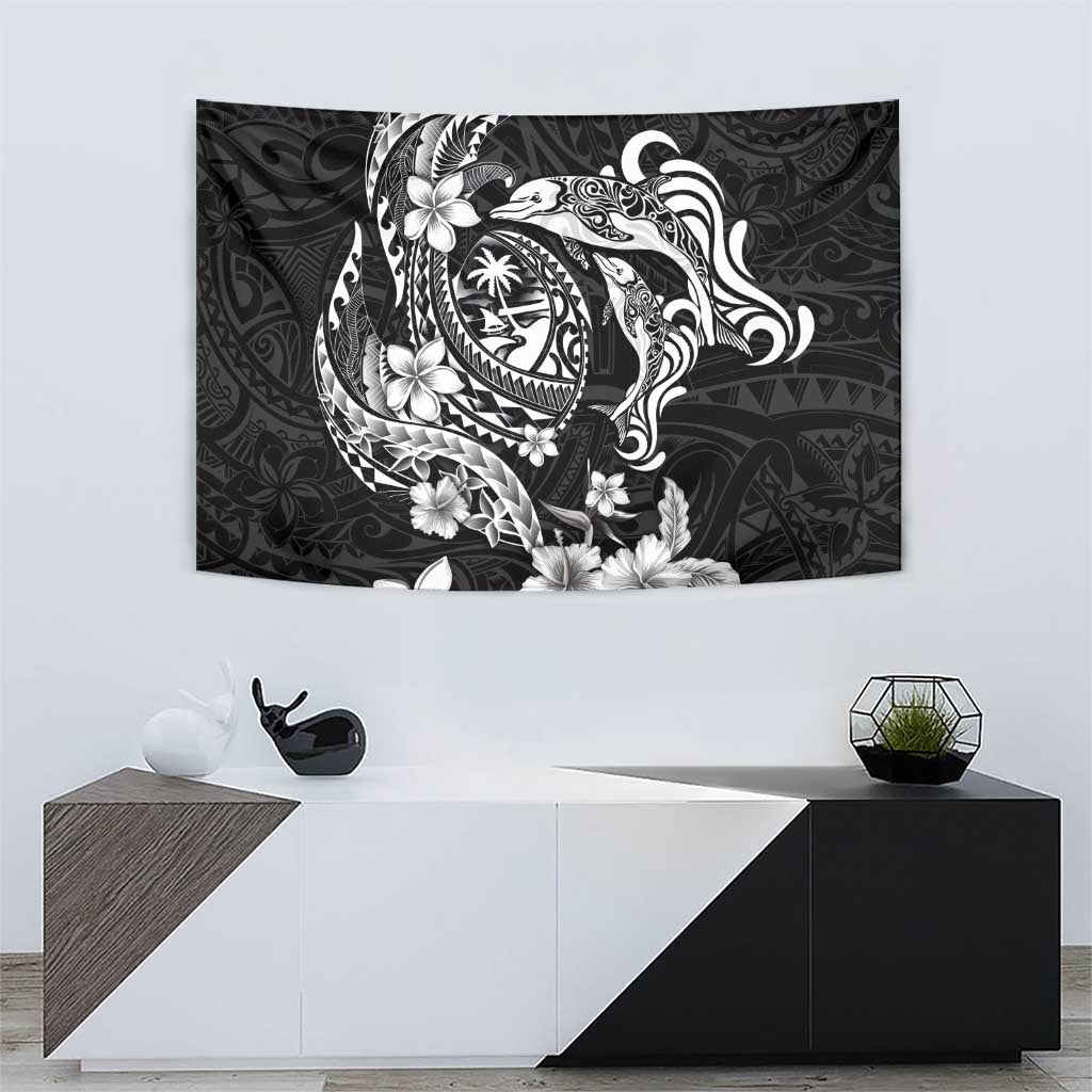 Guam Dolphins Tribal Tattoo Tapestry Polynesian Art and Tropical Flower Grayscale