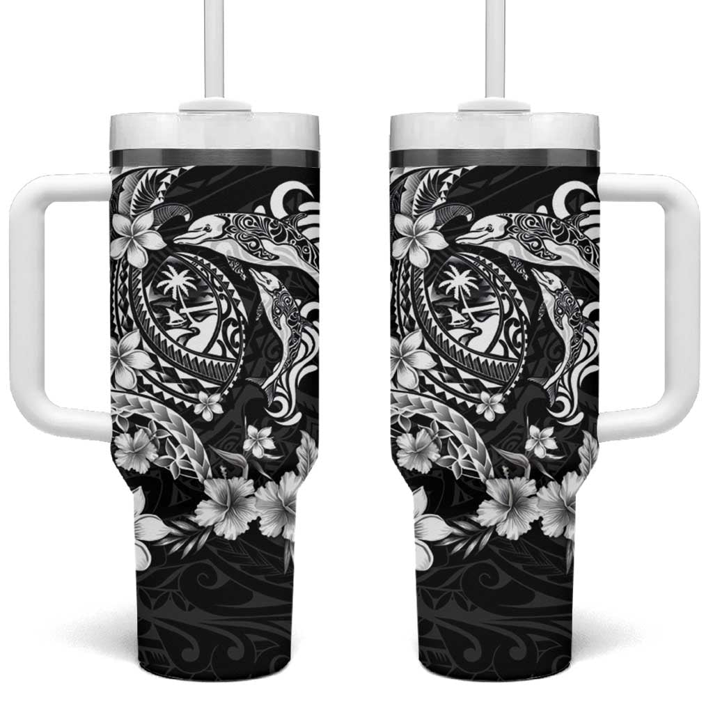 Guam Dolphins Tribal Tattoo Tumbler With Handle Polynesian Art and Tropical Flower Grayscale