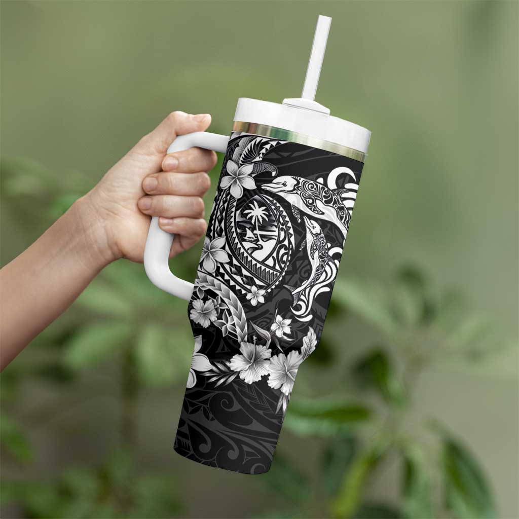 Guam Dolphins Tribal Tattoo Tumbler With Handle Polynesian Art and Tropical Flower Grayscale