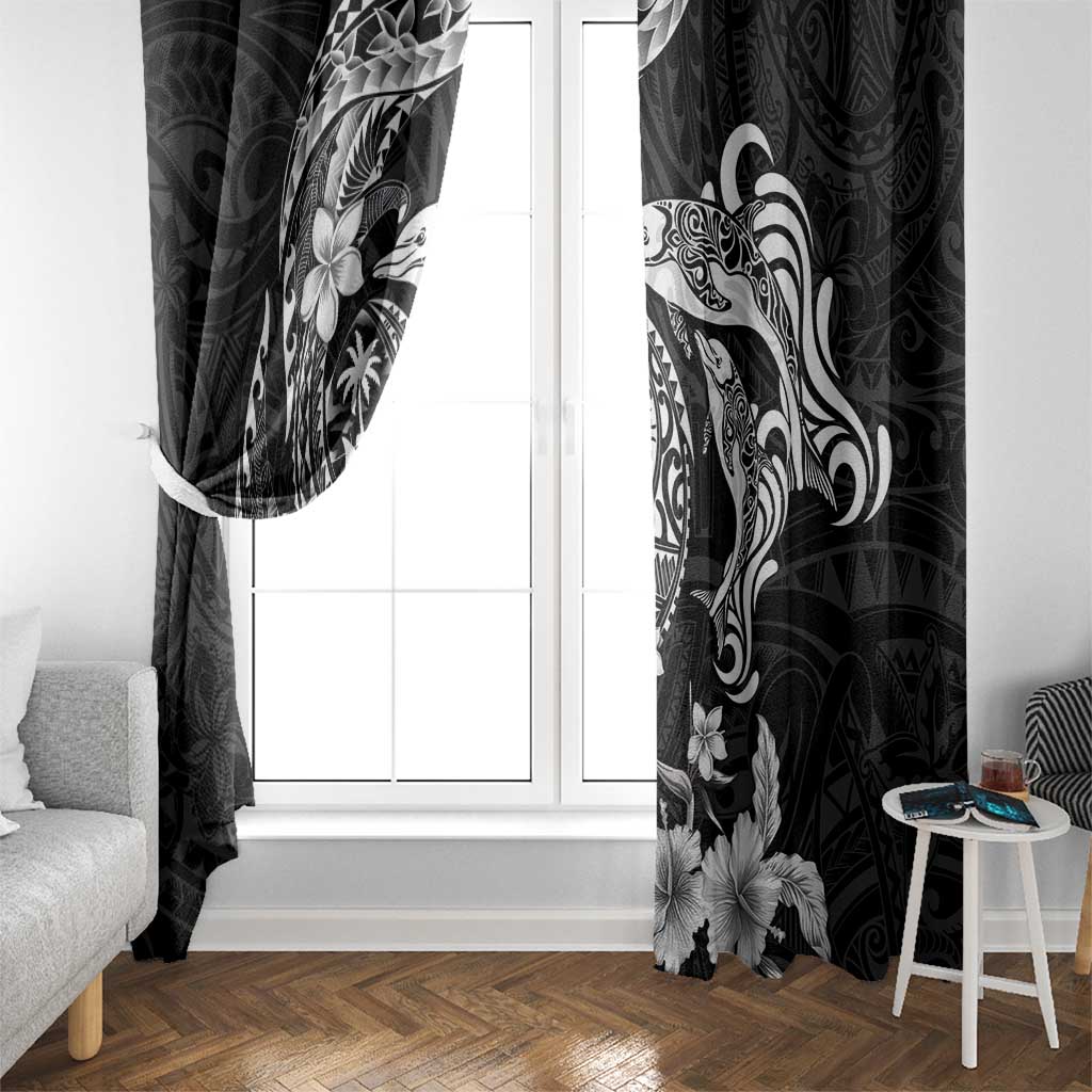 Guam Dolphins Tribal Tattoo Window Curtain Polynesian Art and Tropical Flower Grayscale