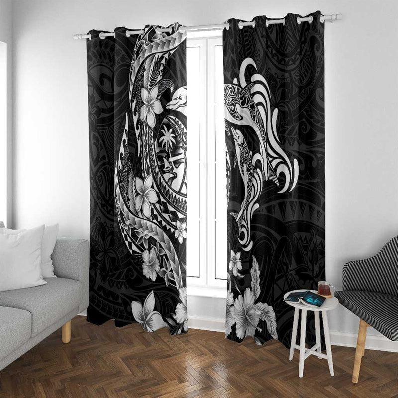 Guam Dolphins Tribal Tattoo Window Curtain Polynesian Art and Tropical Flower Grayscale 