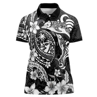 Guam Dolphins Tribal Tattoo Women Polo Shirt Polynesian Art and Tropical Flower Grayscale