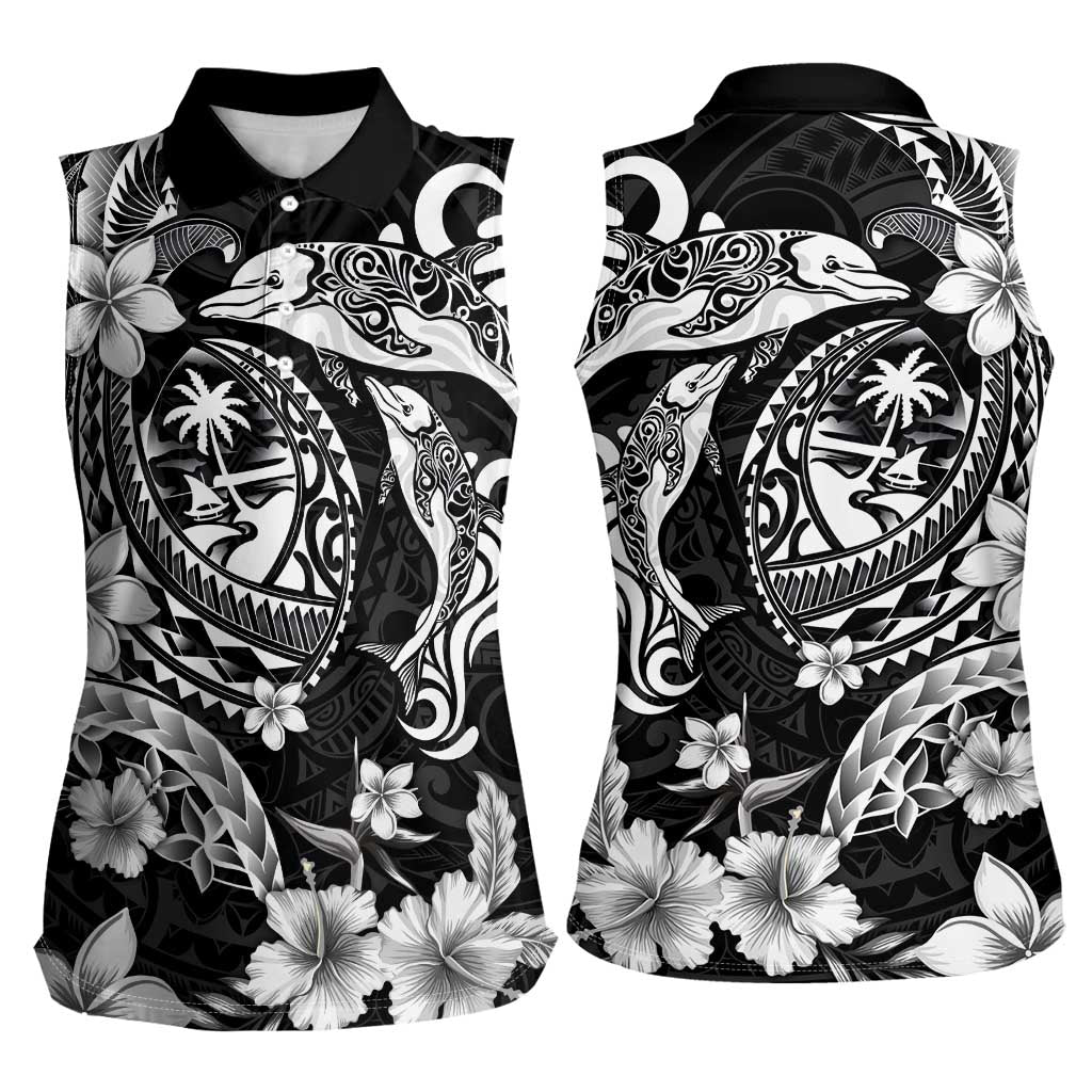 Guam Dolphins Tribal Tattoo Women Sleeveless Polo Shirt Polynesian Art and Tropical Flower Grayscale