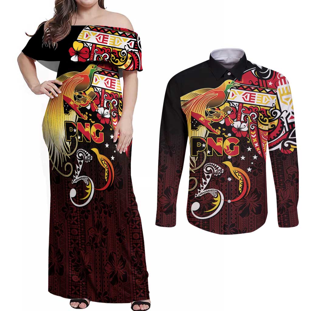 Papua New Guinea 2025 Couples Matching Off Shoulder Maxi Dress and Long Sleeve Button Shirt 50th Independence Day Anniversary LT03 Red - Polynesian Pride