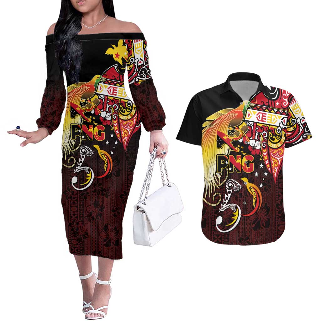 Papua New Guinea 2025 Couples Matching Off The Shoulder Long Sleeve Dress and Hawaiian Shirt 50th Independence Day Anniversary LT03 Red - Polynesian Pride