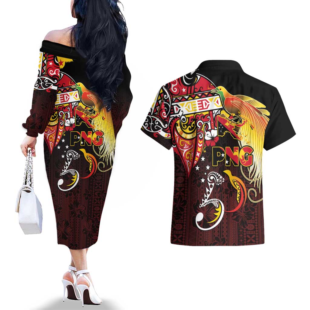 Papua New Guinea 2025 Couples Matching Off The Shoulder Long Sleeve Dress and Hawaiian Shirt 50th Independence Day Anniversary