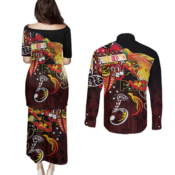 Papua New Guinea New Ireland Province Couples Matching Puletasi Dress and Long Sleeve Button Shirts Mix Coat Of Arms Polynesian Pattern LT05 main image 0