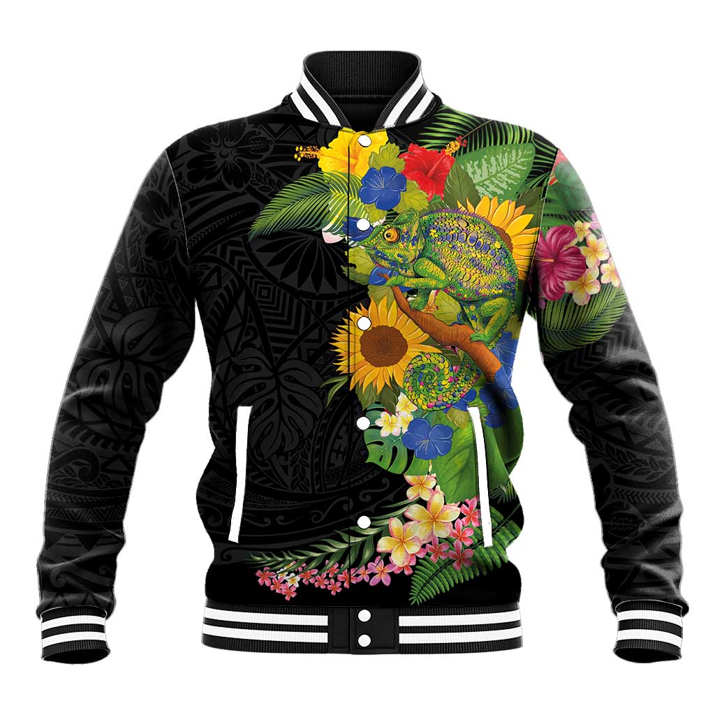 Hawaiian Tropical Plants and Chameleon Baseball Jacket Polynesian Art Colorful - Polynesian Pride